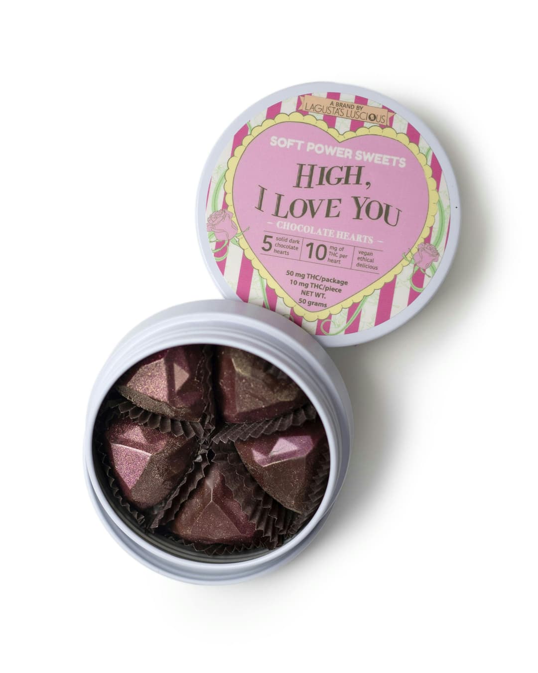 High, I Love You Valentine's Tin, 5 Hand-Painted Chocolate Hearts - Soft Power Sweets | Treehouse Cannabis