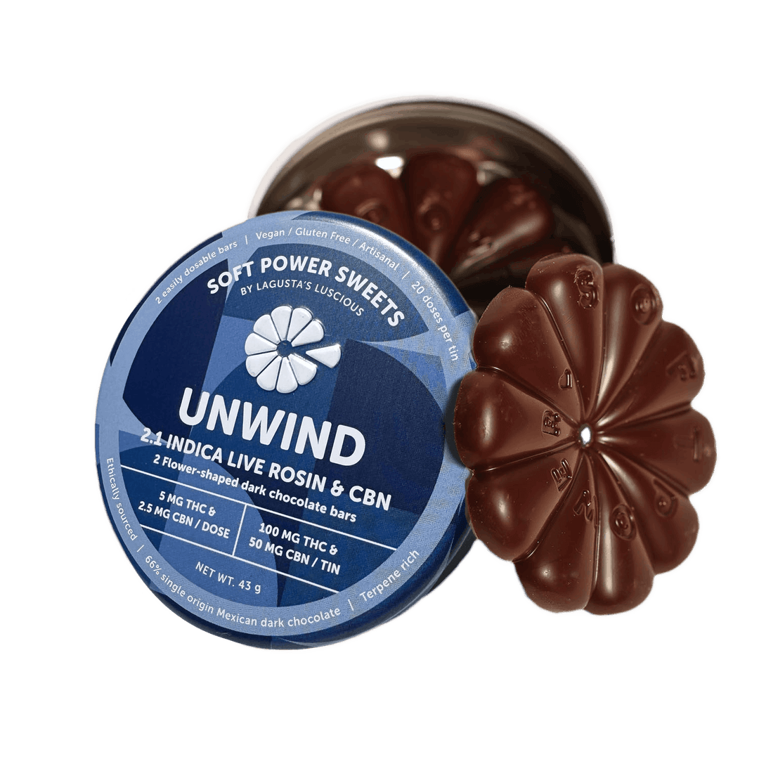 Unwind Indica live rosin chocolate bars 2:1 CBN 100mg - Soft Power Sweets | Treehouse Cannabis